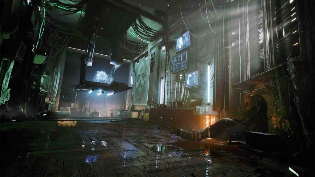 Không gian ngột ngạt và chi tiết của Observer System Redux Hành lang tăm tối và đầy dây cáp trong bối cảnh cyberpunk của Observer System Redux.