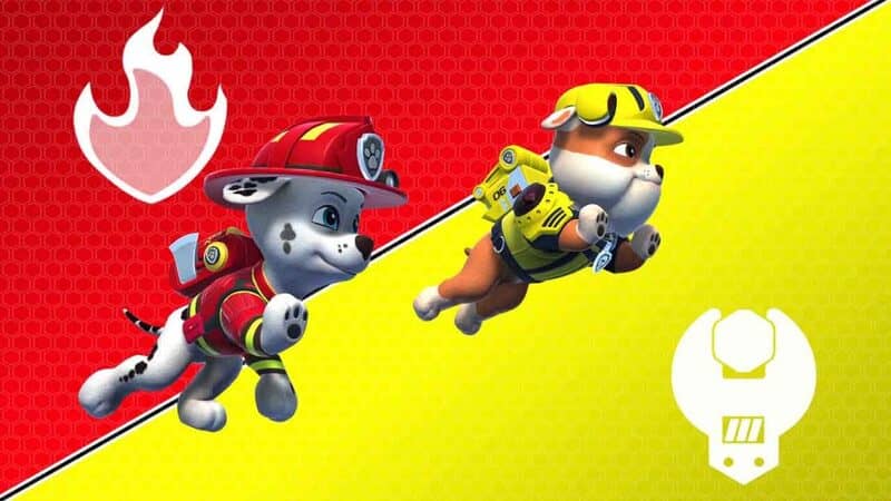 Marshall và Skye trong PAW Patrol The Movie Adventure City Calls: Marshall với vòi rồng đặc trưng và Skye sử dụng jetpack bay trên không, cùng biểu tượng lửa của Marshall và biểu tượng cánh quạt của Skye.