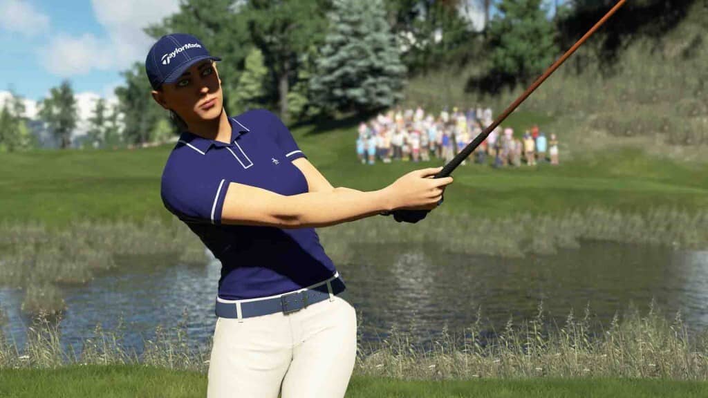 PGA TOUR 2K23: Đồ họa sống động và những cú đánh thử thách tại các sân golf ảo Golfer nữ thực hiện cú swing hoàn hảo qua hồ nước trong PGA TOUR 2K23 - Hướng dẫn chơi game golf PC đỉnh cao