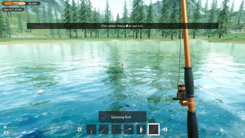 Câu cá thư giãn - Hoạt động trong Ranch Farm and Store Simulator Người chơi đang câu cá bằng cần câu Spinning Rod trên mặt hồ tĩnh lặng trong Ranch Farm and Store Simulator, thể hiện một hoạt động giải trí và kiếm thêm thu nhập.