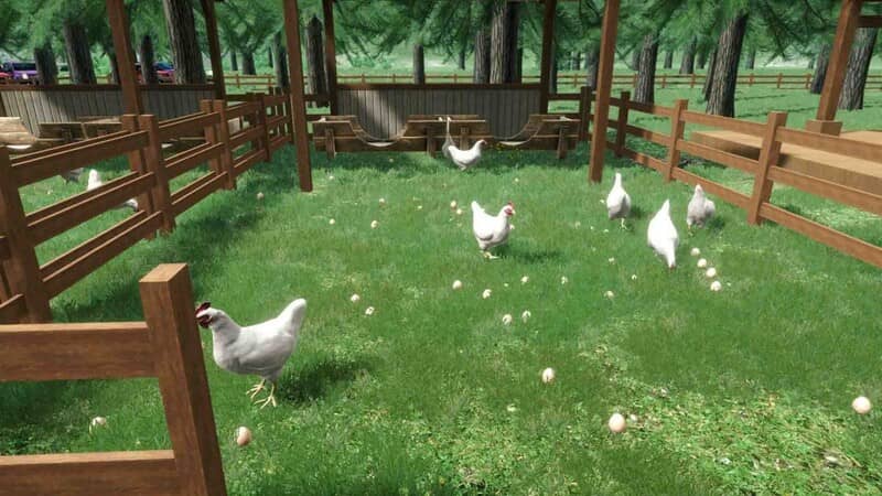 Chăn nuôi gà - Phát triển trang trại trong Ranch Farm Simulator Đàn gà mái màu trắng đang kiếm ăn trong khu vực chuồng có hàng rào gỗ của Ranch Farm and Store Simulator, minh họa hoạt động chăn nuôi gia cầm.