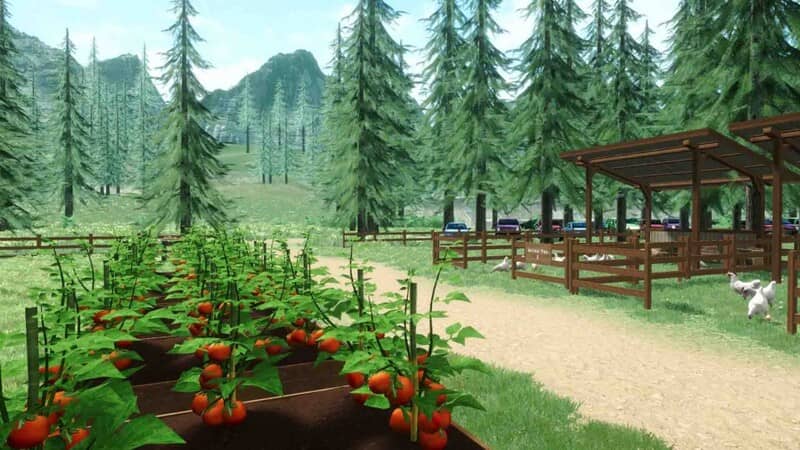 Vườn cà chua chín - Thu hoạch nông sản Ranch Farm Simulator Những luống cà chua chín mọng đỏ tươi đang chờ thu hoạch trong trang trại Ranch Farm and Store Simulator, cho thấy sự phát triển của cây trồng và chuẩn bị cho vụ mùa bội thu.