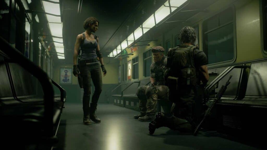 Jill Valentine và Carlos Oliveira trên tàu điện ngầm Resident Evil 3 Remake