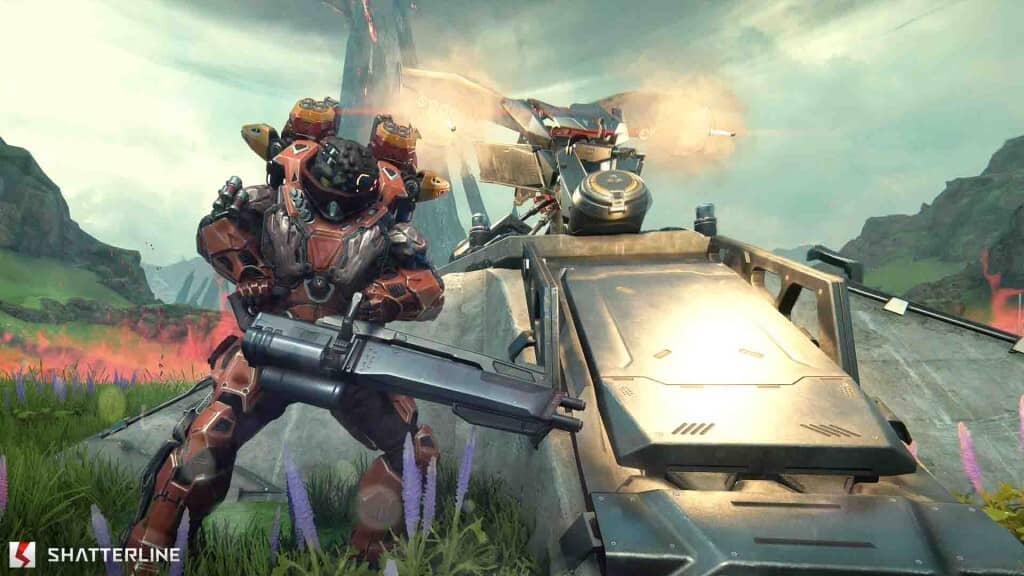 Shatterline – Pha hành động căng thẳng của Operative trong game. Shatterline Gameplay – Cận cảnh trận chiến FPS với nhân vật sử dụng súng máy.