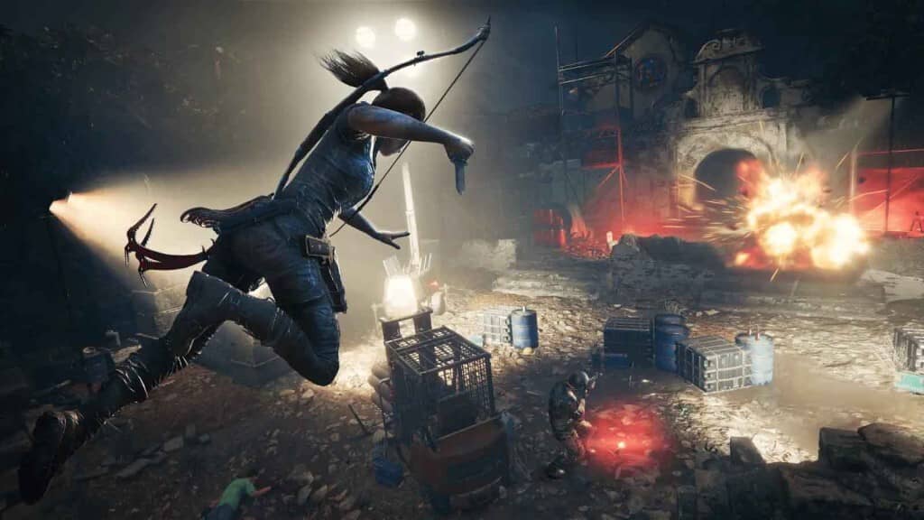 Chiến đấu nghẹt thở trong Tomb Raider Definitive Edition: Sử dụng cung tên một cách linh hoạt. Pha hành động kịch tính: Lara Croft nhảy tránh né và bắn cung tiêu diệt kẻ thù trong Tomb Raider Definitive Edition.