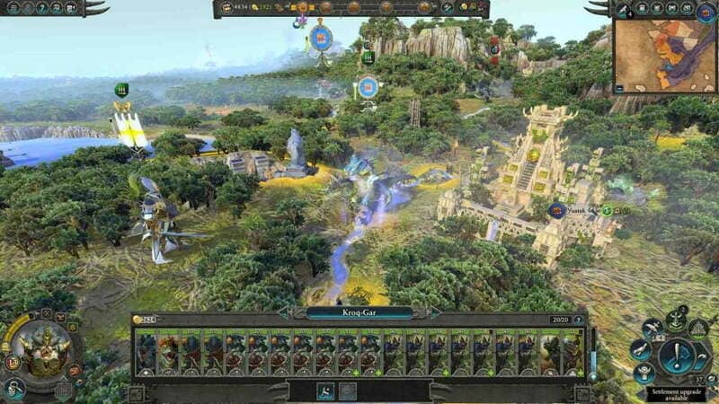 "Khám phá bản đồ campaign Total War Warhammer II – Đồ họa tuyệt đẹp và chiến lược đa dạng" "Bản đồ thế giới rộng lớn của Lizardmen và High Elves trong Total War Warhammer II, với kiến trúc cổ đại và rừng rậm"