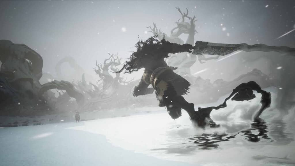 Twelves Shadow Gameplay – Đối mặt Boss khủng, chiến đấu đỉnh cao không thể bỏ qua. Trận chiến kịch tính trong Twelves Shadow: Nhân vật đối đầu với quái vật khổng lồ giữa phong cảnh tuyết rơi trắng xóa, thể hiện đồ họa cực chất.