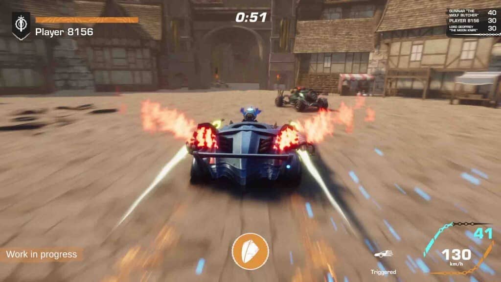 War of Wheels: Chi tiết đồ họa ấn tượng và hiệu ứng chiến đấu đặc sắc. Cận cảnh xe chiến đấu với hiệu ứng lửa và vệt sáng trong War of Wheels.