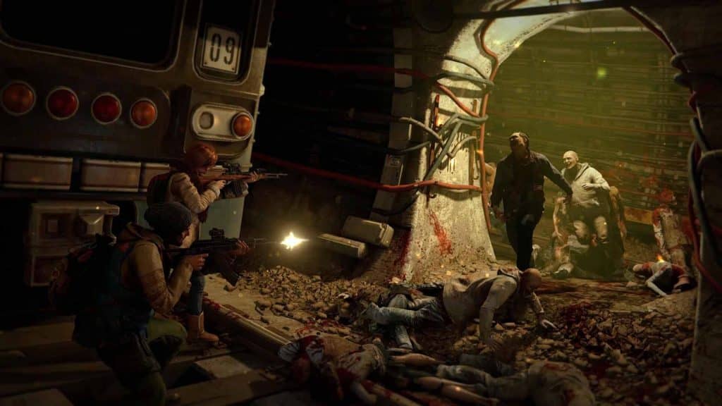 "World War Z Aftermath gameplay: Đồng đội phối hợp chiến đấu trong hầm tối, tiêu diệt zombie cận chiến giữa đống xác"