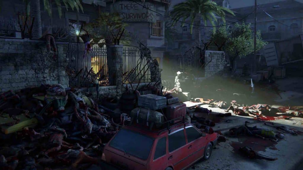 "Ảnh chụp màn hình World War Z Aftermath: Khung cảnh hoang tàn, đổ nát với xác zombie nằm la liệt dưới ánh sáng mờ ảo"
