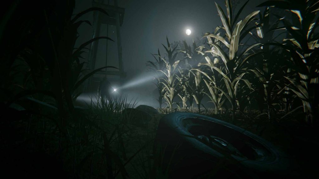 "Ảnh gameplay game Outlast 2, góc nhìn thứ nhất, nhân vật đang đứng trong một cánh đồng ngô vào ban đêm, dùng đèn pin soi sáng. Không khí trong ảnh tối tăm và u ám."