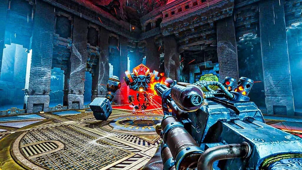Chiến đấu với robot trong đấu trường Abyssus Ảnh gameplay Abyssus, góc nhìn thứ nhất, người chơi đang cầm một khẩu súng máy công nghệ cao màu xanh dương, nhắm bắn vào một robot chiến đấu màu đỏ đang đứng trong một đấu trường kim loại với kiến trúc phức tạp.