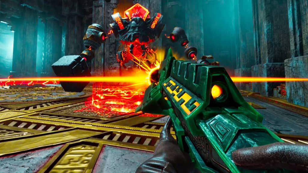 Sử dụng súng năng lượng trong Abyssus Ảnh gameplay Abyssus, góc nhìn thứ nhất, người chơi đang sử dụng một khẩu súng năng lượng màu xanh lá cây, bắn ra tia laser màu cam về phía một robot chiến đấu khổng lồ màu đỏ đang tấn công.