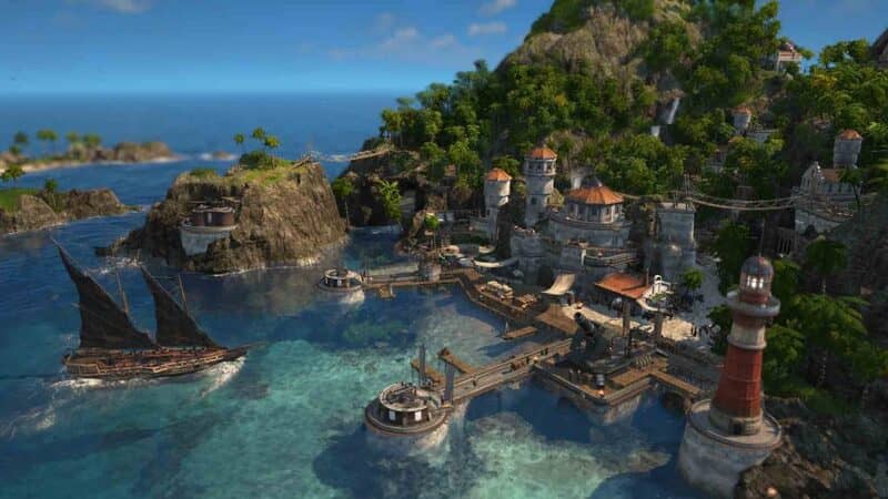 Cảnh gameplay Anno 1800 với hải cảng nhộn nhịp, tàu thuyền neo đậu và kiến trúc thuộc địa ven biển.