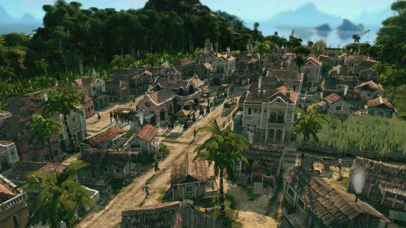 Toàn cảnh một khu dân cư đang phát triển trong Anno 1800, với các công trình nhà ở, đường xá và cây xanh.