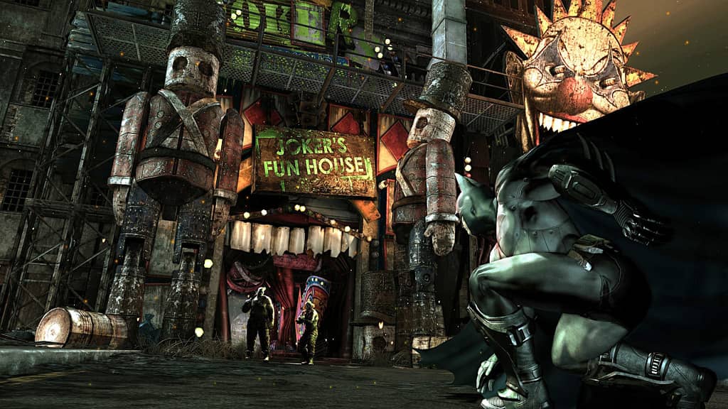 Bên ngoài Joker's Fun House Gameplay Batman Arkham City: Batman ẩn mình trên cao, quan sát khu vực Joker's Fun House.
