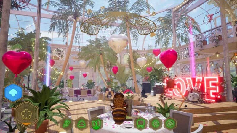 Gameplay Bee Simulator The Hive trong không gian lãng mạn. Chú ong bay trong nhà kính trang trí trái tim, thể hiện một trong những khu vực khám phá của game Bee Simulator The Hive.