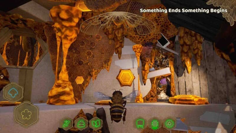Khám phá tổ ong được thiết kế chi tiết trong Bee Simulator The Hive. Bên trong tổ ong, chú ong thợ đang bay qua cấu trúc mật ong, thể hiện môi trường cốt lõi của game Bee Simulator The Hive.