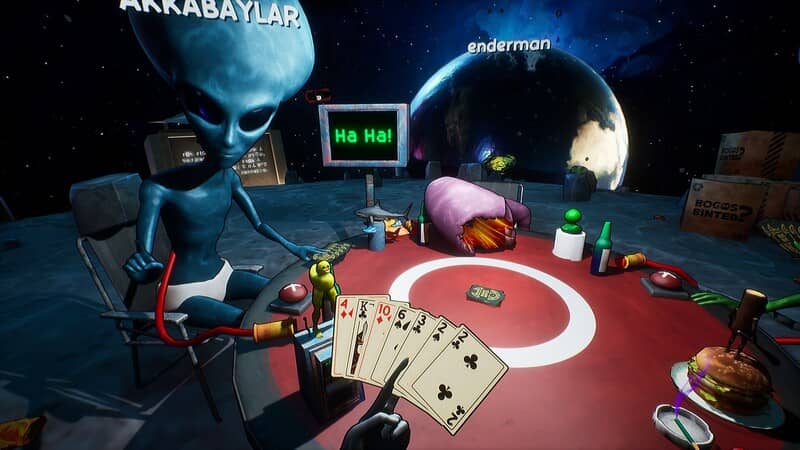 Gameplay game Bogos Binted: Cận cảnh một người ngoài hành tinh với ria mép đang chơi bài xì phé. Trên bàn có các lá bài A-K-Q-J-10.