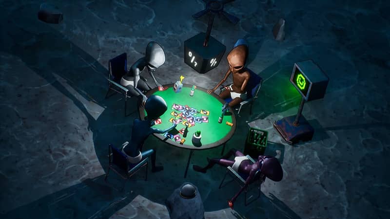 Gameplay game Bogos Binted: Cảnh từ trên cao của một bàn chơi xì phé, với nhiều người ngoài hành tinh đang tham gia. Xung quanh là những chiếc ghế và không gian đậm chất ngoài hành tinh.