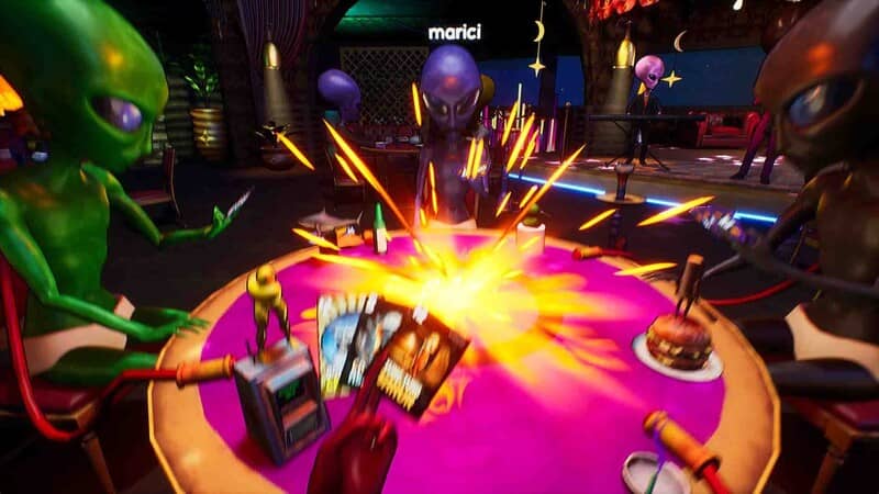 Bogos Binted Gameplay: Bàn chơi bài nảy lửa với hiệu ứng đặc biệt. Khoảnh khắc gay cấn trong Bogos Binted khi các nhân vật ngoài hành tinh đang chơi bài, với hiệu ứng tia lửa điện tóe ra từ giữa bàn.
