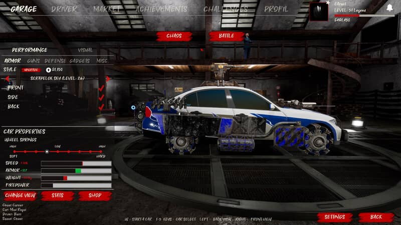Tùy chỉnh xe trong Chaos on Wheels Ảnh gameplay Chaos on Wheels, hiển thị giao diện tùy chỉnh xe. Người chơi có thể thay đổi các bộ phận của chiếc xe màu xanh dương và trắng, với nhiều thông số và tùy chọn nâng cấp.