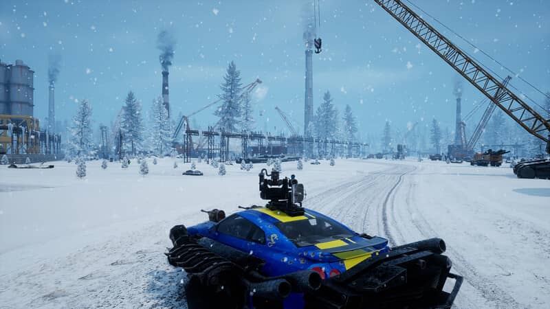 Đua xe trên băng tuyết trong Chaos on Wheels Ảnh gameplay Chaos on Wheels, một chiếc xe độ màu xanh dương đang lái trên một vùng đất băng tuyết rộng lớn. Thời tiết có tuyết rơi và xung quanh là cây cối phủ đầy tuyết