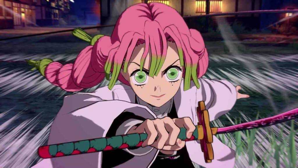 Mitsuri Kanroji trong Demon Slayer 2 PC Hình ảnh gameplay cận cảnh nhân vật Mitsuri Kanroji tấn công trong Demon Slayer Kimetsu no Yaiba The Hinokami Chronicles 2