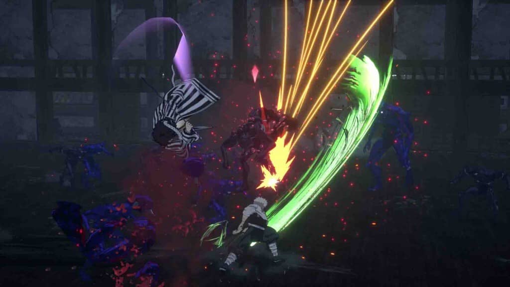 Trận chiến với quỷ trong Demon Slayer 2 PC Ảnh gameplay Demon Slayer Kimetsu no Yaiba The Hinokami Chronicles 2: Nhân vật đang giao chiến với một con quỷ có hiệu ứng kỹ năng đẹp mắt