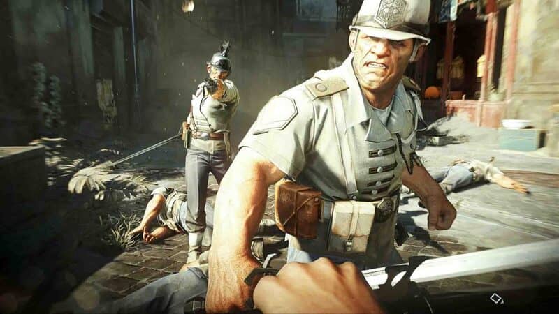 Dishonored 2 gameplay chiến đấu cận chiến với binh lính