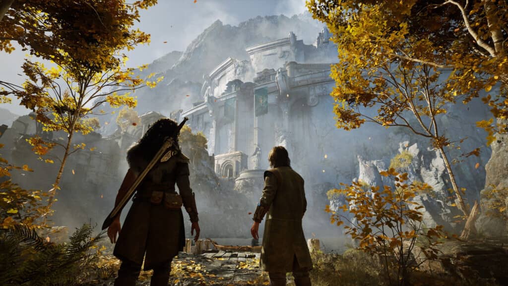 Ảnh gameplay Echoes of the End, cận cảnh nhân vật nữ chính với một cánh tay phát sáng màu tím và các hiệu ứng năng lượng màu xanh lục xung quanh, chuẩn bị sử dụng phép thuật trong một môi trường đổ nát