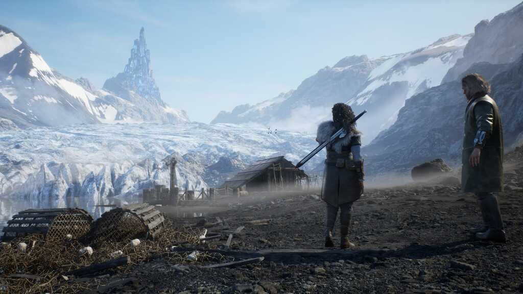 Ảnh gameplay Echoes of the End, hai nhân vật đang đứng trong một khung cảnh núi tuyết rộng lớn với các đỉnh núi phủ đầy tuyết trắng. Một lâu đài cổ kính hiện lên ở phía xa, thể hiện sự hùng vĩ của thế giới giả tưởng