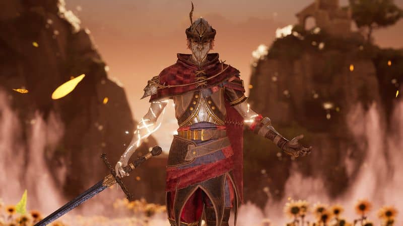 Enotria The Last Song Gameplay - Sức mạnh ma thuật Gameplay Enotria The Last Song, nhân vật chính với trang phục đỏ đang cầm kiếm và hiệu ứng ma thuật trên nền hoa rực cháy.