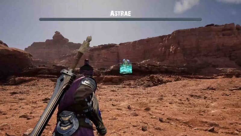 Một cảnh chiến đấu trong sa mạc của Fallen Hunter Ảnh gameplay game Fallen Hunter, nhân vật chính mặc giáp sắt đang đứng trong một sa mạc đá, phía xa có một con quái vật phát sáng. Giao diện người dùng hiển thị thanh máu và thanh năng lượng ở phía trên.