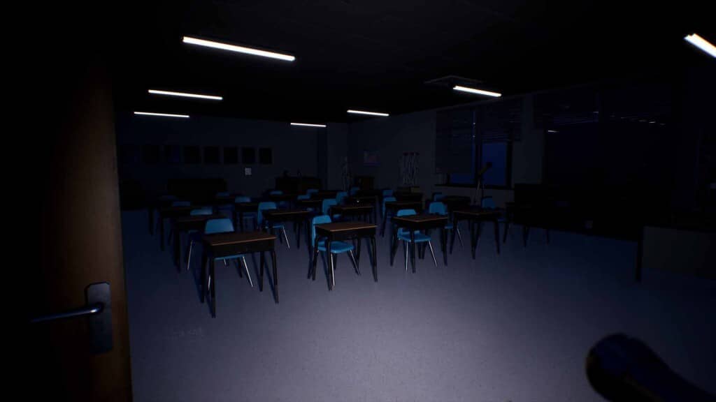 Gameplay Fear Academy – khám phá lớp học tối thui với ánh sáng đèn pin Nhân vật Fear Academy đi vào lớp học tối, dùng đèn pin chiếu sáng trước mặt