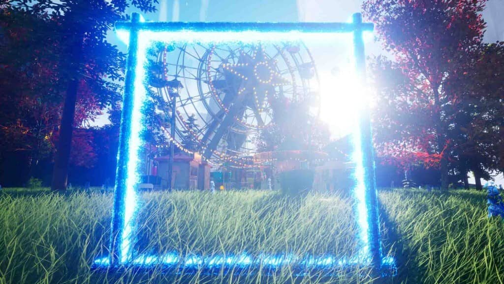  "Ảnh gameplay game Grand Emprise 2: Portals Apart, một cánh cổng không gian hình chữ nhật phát sáng màu xanh neon trong khu rừng, xung quanh là cỏ xanh và cây cối."