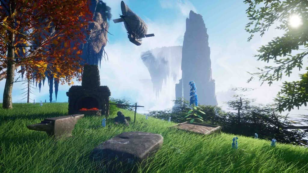 "Ảnh gameplay game Grand Emprise 2: Portals Apart, khung cảnh kỳ ảo với những tảng đá lơ lửng, cây mùa thu, một tảng đá hình cột cao và bầu trời xanh."