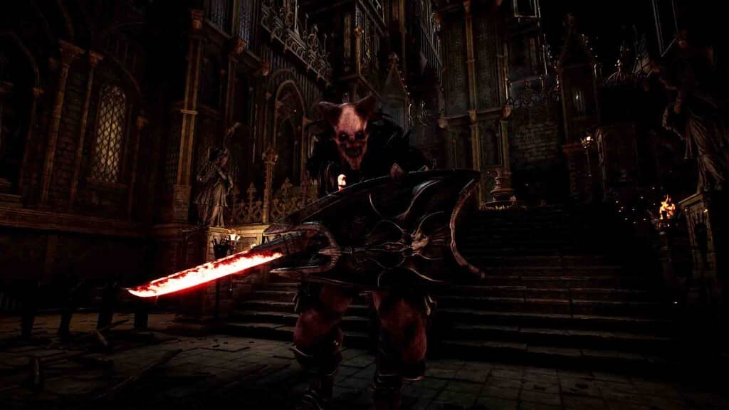 Ảnh gameplay game Grand Emprise 2: Portals Apart, một nhân vật cầm thanh kiếm phát sáng màu đỏ chiến đấu với quái vật hình người trong hầm ngục u ám.