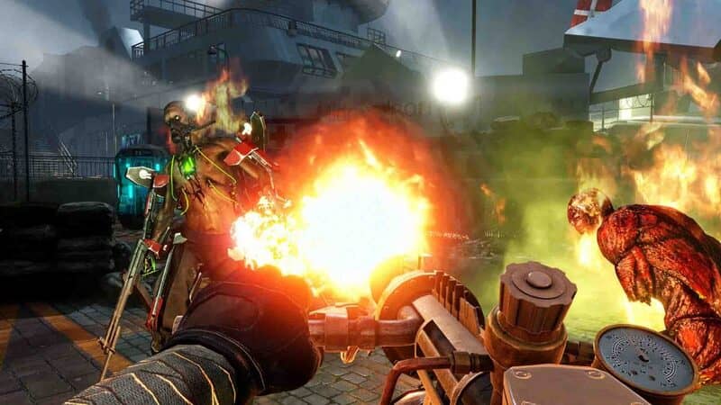 "Gameplay Killing Floor 2 với súng phun lửa thiêu rụi zombie trong môi trường đô thị ban đêm"