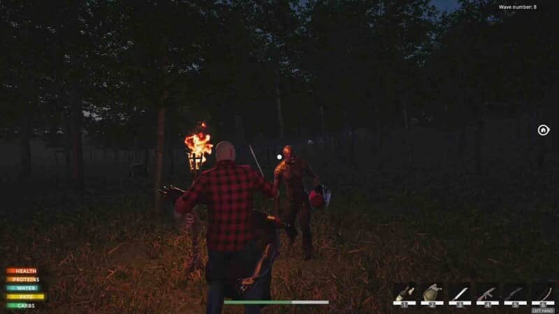 "Gameplay chiến đấu trong đêm tối của Lost Flight Survival" "Ảnh gameplay Lost Flight Survival, nhân vật mặc áo sơ mi kẻ đỏ đen đang đối mặt với một sinh vật kỳ dị phát sáng trong khu rừng tối vào ban đêm."