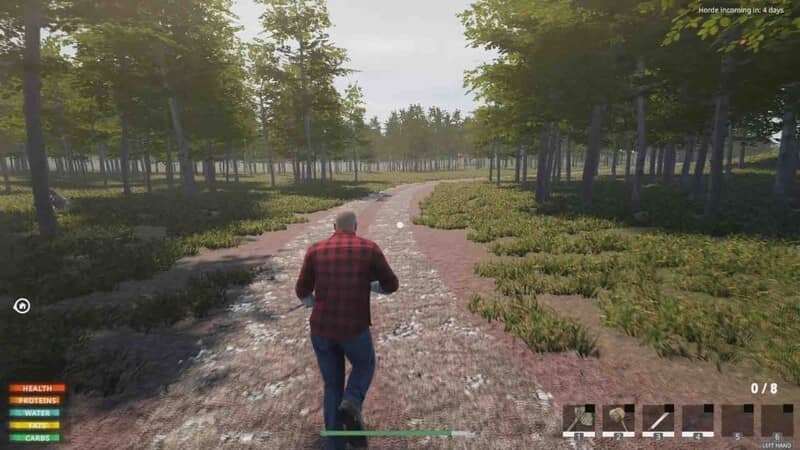"Khám phá môi trường rộng lớn trong Lost Flight Survival" "Ảnh gameplay Lost Flight Survival, nhân vật mặc áo sơ mi kẻ đỏ đen đang chạy trên một con đường đất xuyên qua khu rừng vào ban ngày. Giao diện trò chơi hiển thị các chỉ số sinh tồn."
