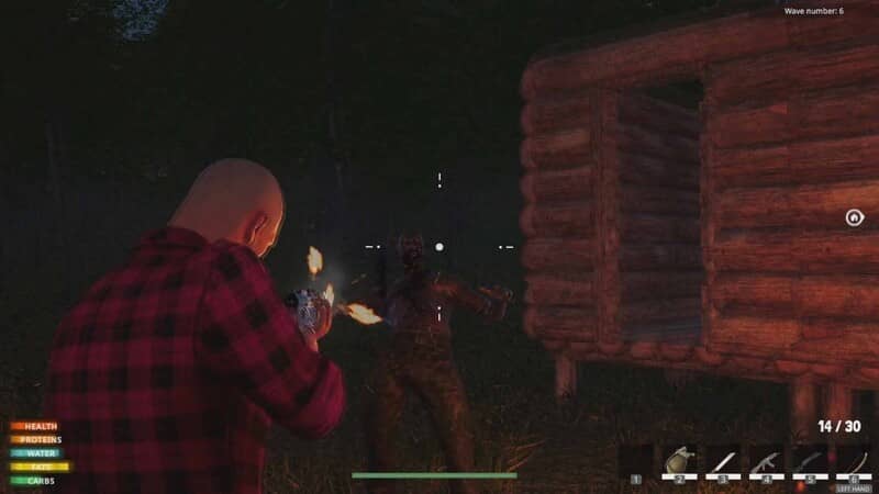 "Ẩn náu và phòng thủ trong Lost Flight Survival" "Ảnh gameplay Lost Flight Survival, nhân vật đang ẩn náu bên trong một căn nhà gỗ vào ban đêm, cầm một khẩu súng hướng ra ngoài."