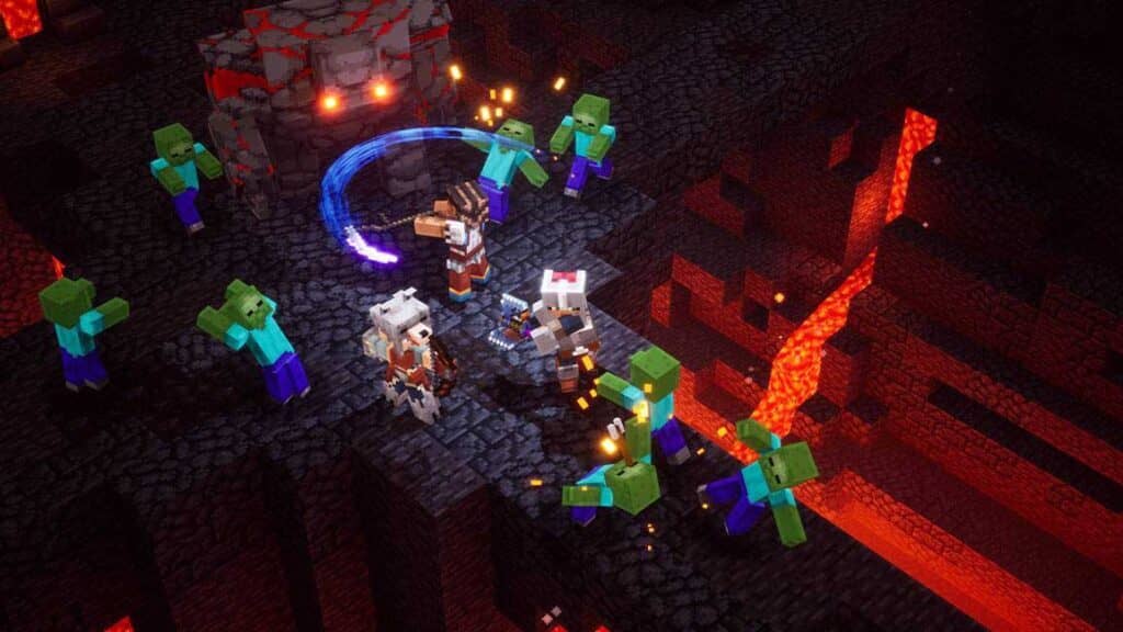 "Minecraft Dungeons: Những pha hành động kịch tính, dứt khoát trong trận chiến sinh tồn." "Gameplay Minecraft Dungeons - Nhân vật chiến đấu với đám Zombie trong hầm ngục dung nham."