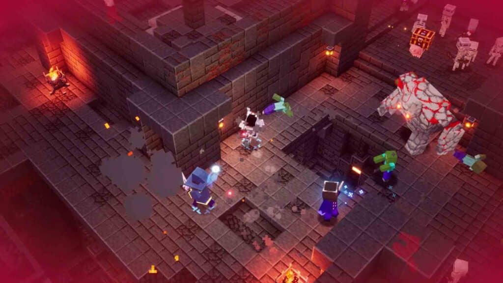 "Minecraft Dungeons: Chiến thuật tấn công boss và đám quái vật trong mê cung." "Minecraft Dungeons - Chiến đấu với Golem và Zombie từ góc nhìn bao quát trong hầm ngục."