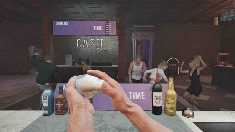 "Night Club Simulator - Trải nghiệm pha chế và quản lý quầy bar chuyên nghiệp" "Góc nhìn người chơi Night Club Simulator đang pha chế đồ uống tại quầy bar với chai rượu và khách hàng nhảy múa phía sau, hiển thị chữ CASH và TIME."