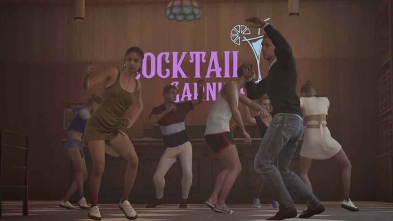 "Night Club Simulator - Bầu không khí sôi động của sàn nhảy và khách hàng" "Khách hàng đang nhảy múa sôi động trên sàn nhảy ảo trong Night Club Simulator, với đèn neon và tên 'COCKTAIL' phía sau."