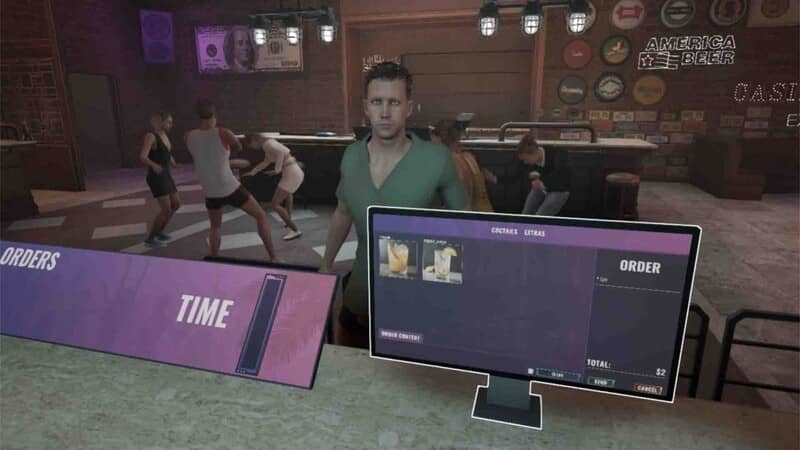 "Night Club Simulator - Quản lý đơn hàng và tương tác với khách hàng" "Quản lý đang giám sát và tiếp nhận đơn hàng của khách tại quầy trong Night Club Simulator, với bảng 'ORDERS' và giao diện màn hình máy tính."