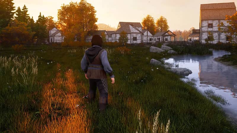 Gameplay Noble Legacy, góc nhìn cận cảnh nhân vật chính đứng giữa cánh đồng cỏ, có thể là lúc hoàng hôn.