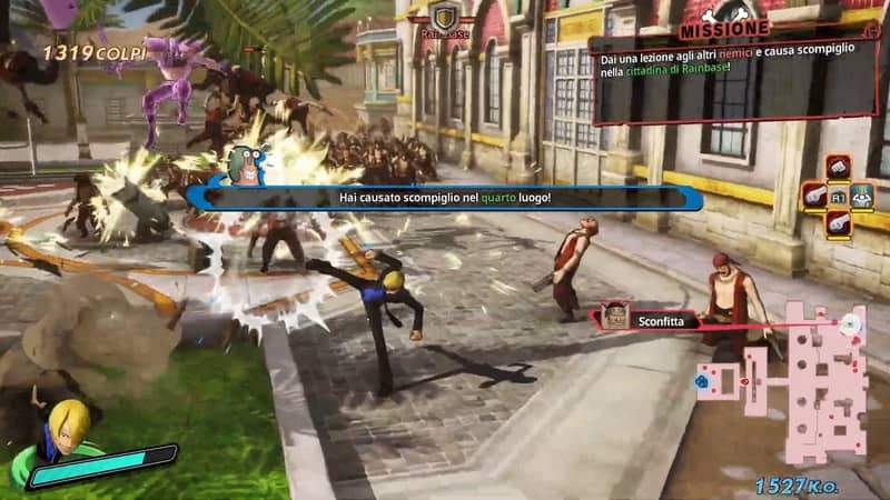 Chụp màn hình gameplay ONE PIECE PIRATE WARRIORS 4: Sanji tung kỹ năng trên không đầy uy lực. Ảnh chụp màn hình gameplay ONE PIECE PIRATE WARRIORS 4: Sanji sử dụng cước pháp điêu luyện, tấn công trên không vào nhóm kẻ địch trong một khu vực đô thị.