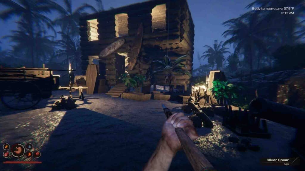 "Sinh tồn khắc nghiệt trong Project Castaway, ảnh gameplay góc nhìn thứ nhất khi nhân vật đang trang bị búa, đứng trước một túp lều tự xây trên đảo hoang. Hình ảnh thể hiện sự khó khăn và thử thách trong game."